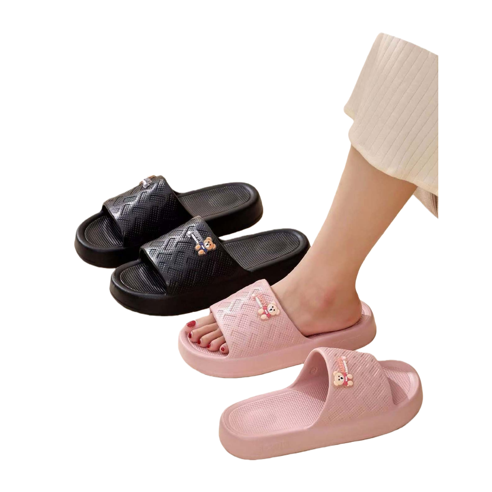 Black and pink cartoon slippers for women, summer home, anti-slip soft soled couple style Item Picture