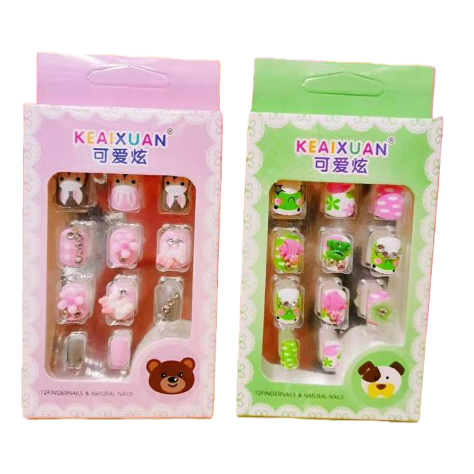 炫品牌粉色绿色包装卡通动物假指甲12片装可爱装饰 - 5