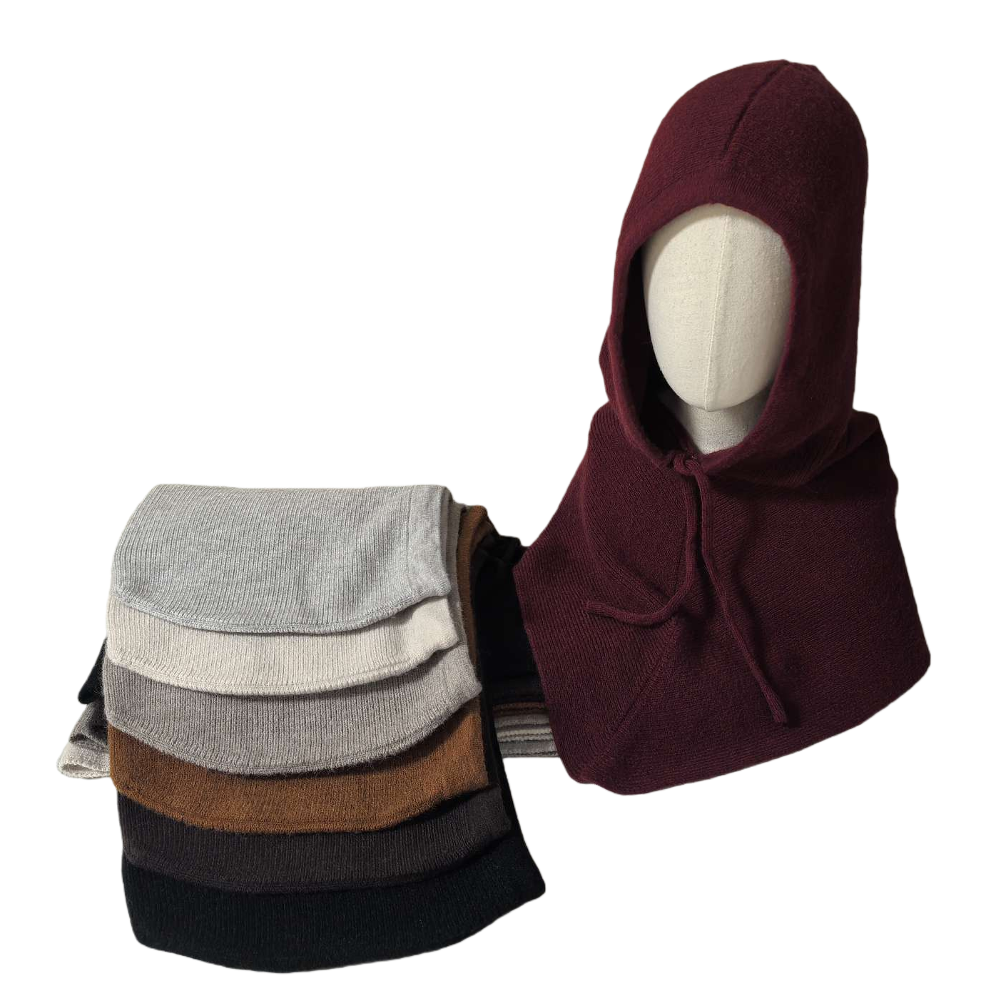 A wine-red knitted hooded scarf stacked with multi-color scarves as warm autumn and winter accessories Item Picture