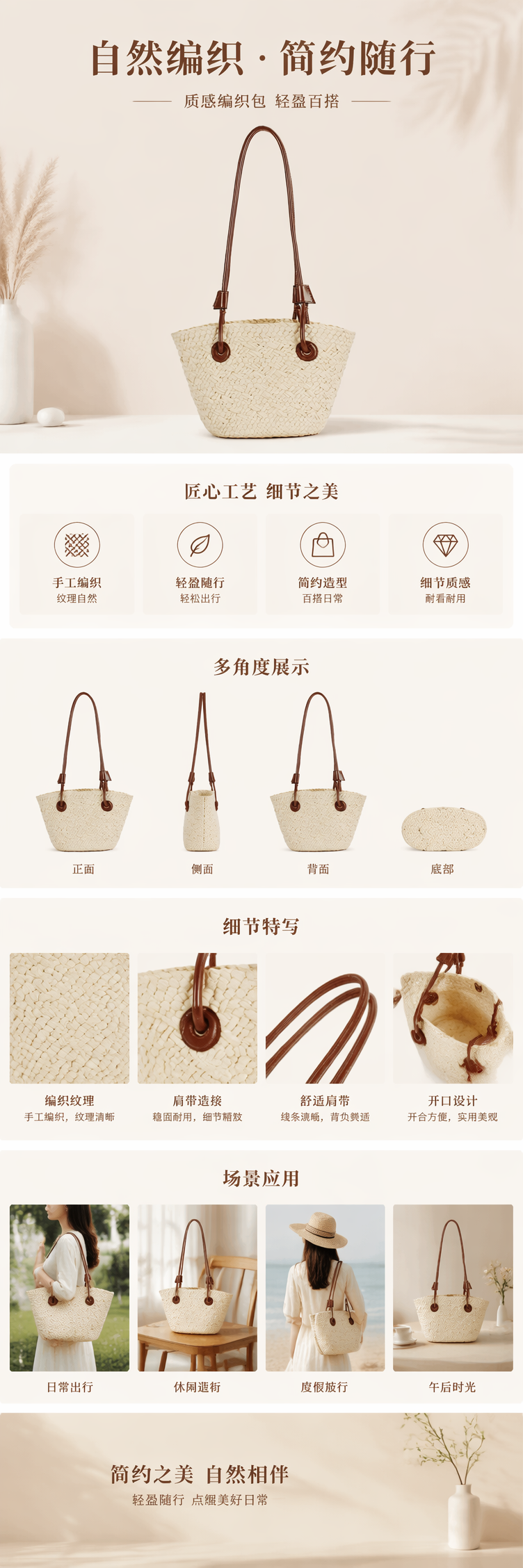 新款洋气时髦纯色纸编包复古撞色森系大容量度假单肩包编织托特包 pic 1