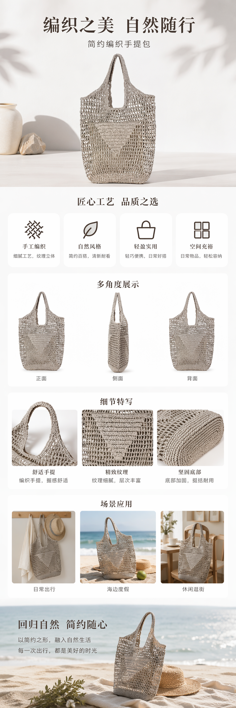 一件代发ins新款纯色大容量手钩编织包潮女森系单肩包度假沙滩包 pic 1