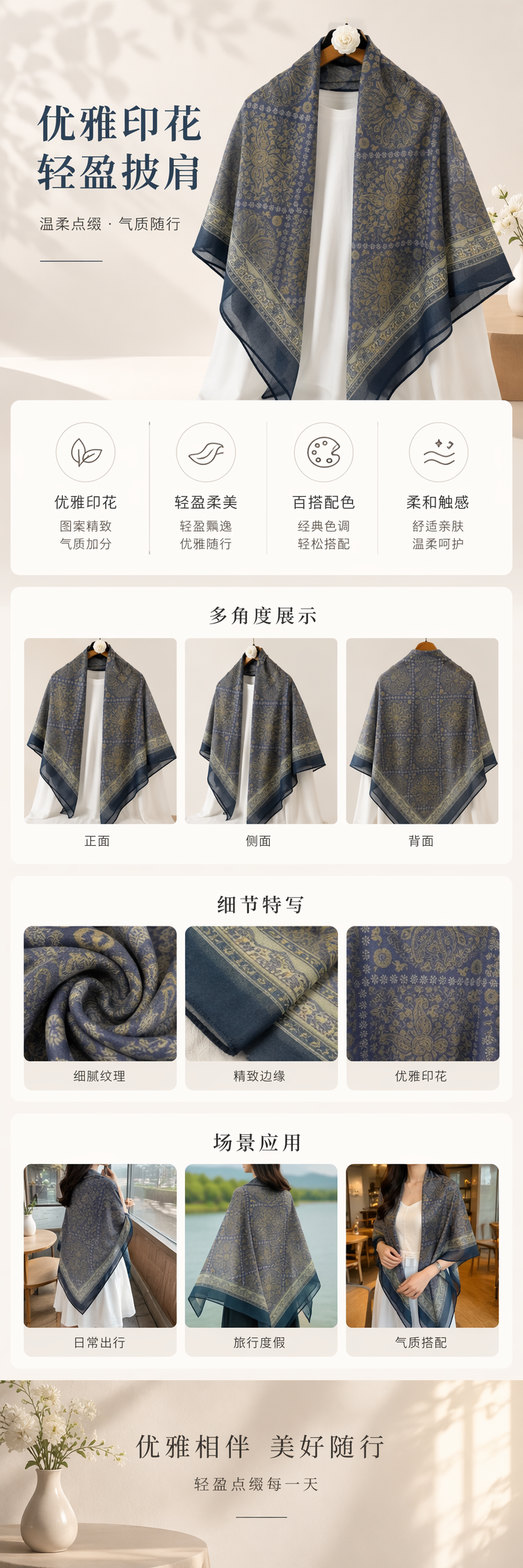 紫色花纹纯棉围巾 保暖柔软百搭秋冬配饰 pic 1