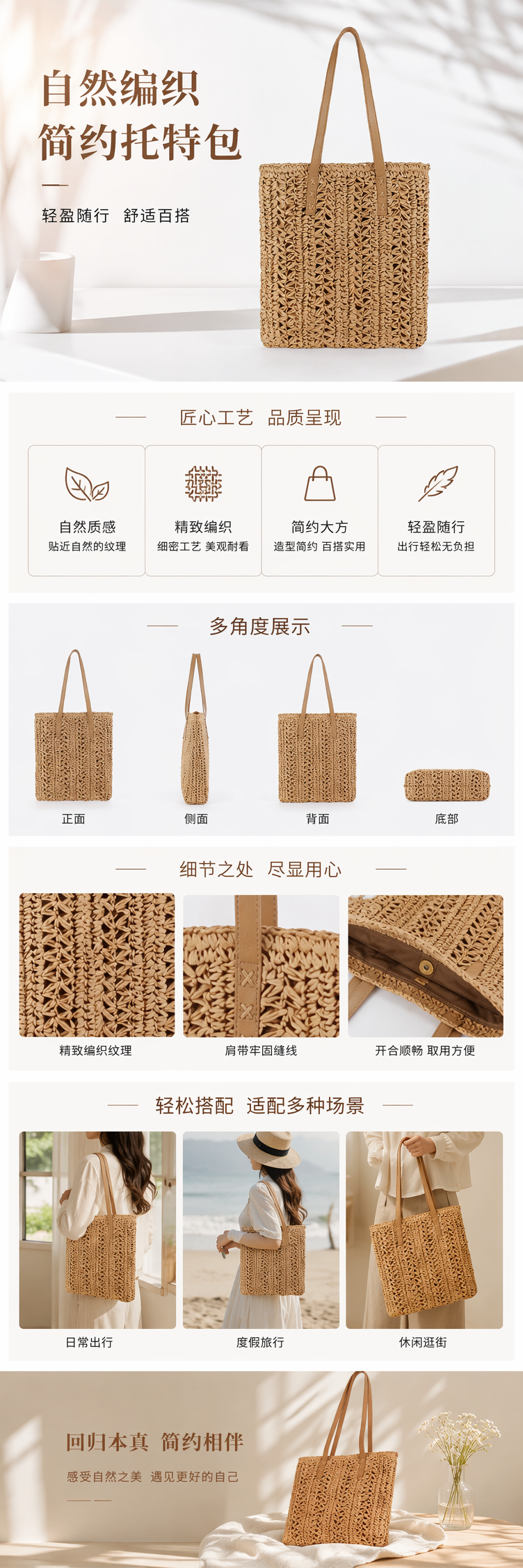 米色草编包身配棕色皮质提手编织包女小挎包钩编银线拼接 pic 1