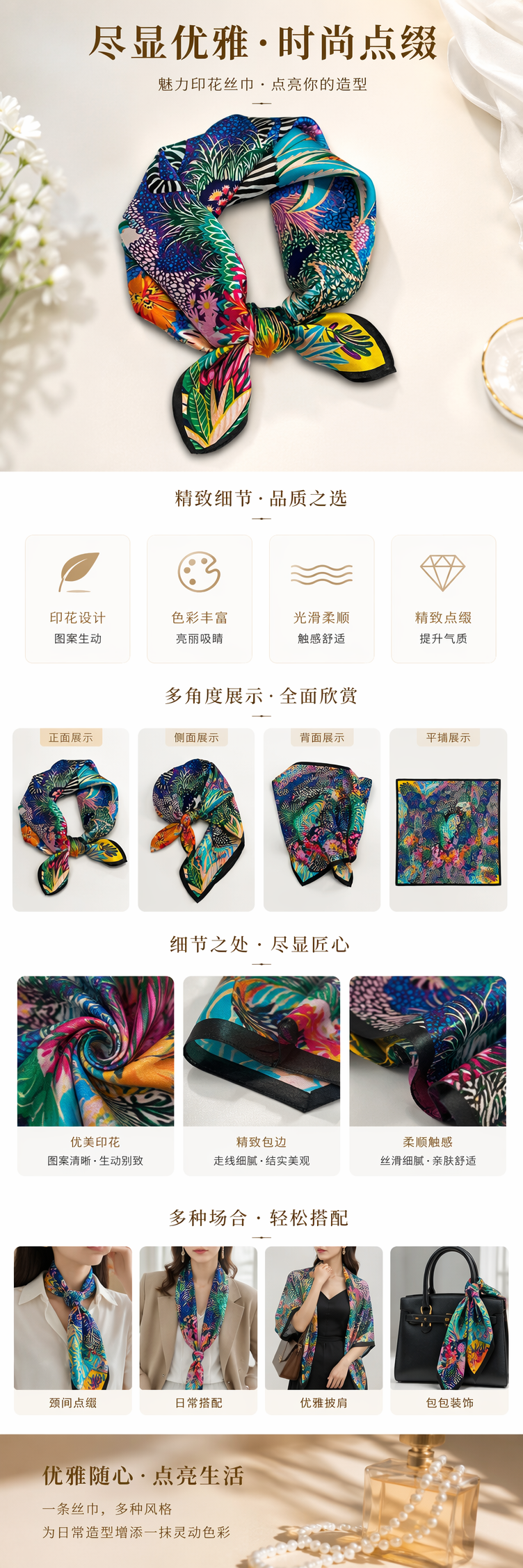 彩色印花真丝丝巾 轻盈透气显气质春夏百搭配饰 pic 1