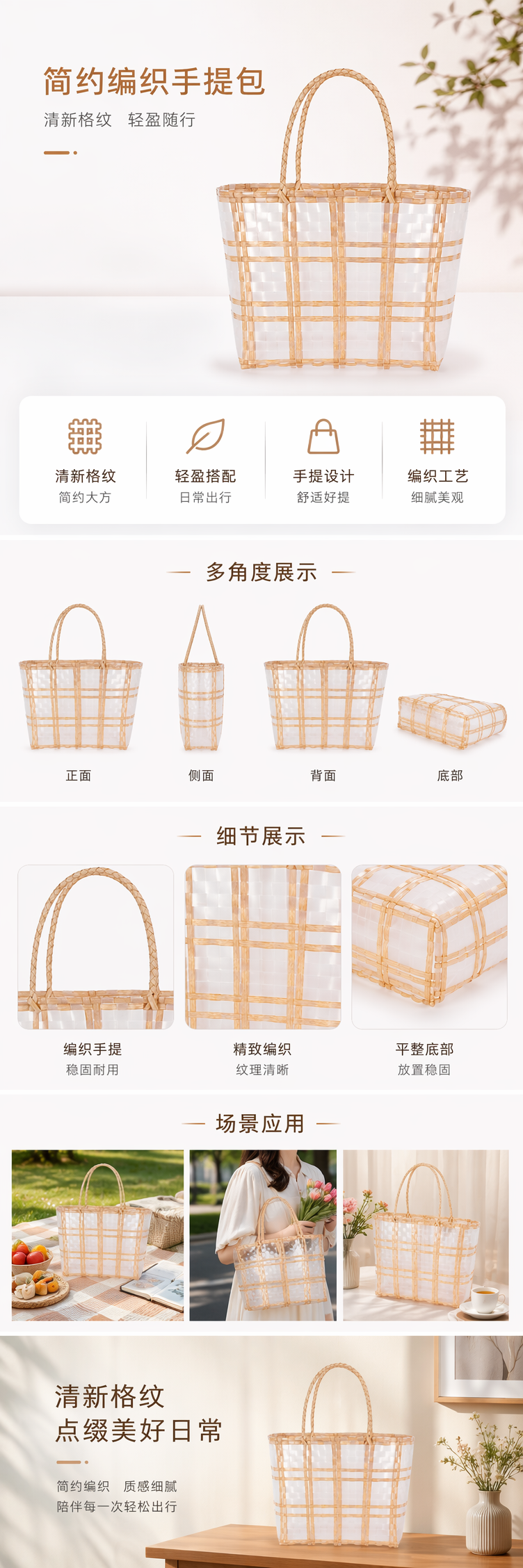 一件代发格子包条纹简约手拎菜篮子透明塑料沙滩手工编织包小号 pic 1