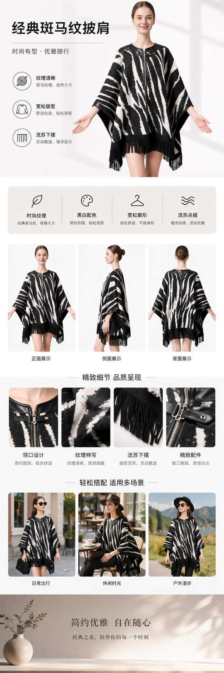 黑白斑马纹流苏斗篷披肩秋冬保暖时尚外搭 pic 1