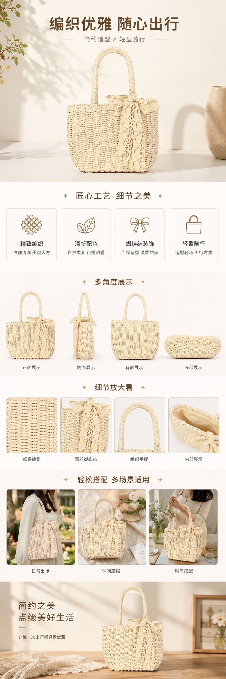 新款韩版纯色纸绳手工编织包度假旅游手拎包休闲简约沙滩包手提包 pic 1