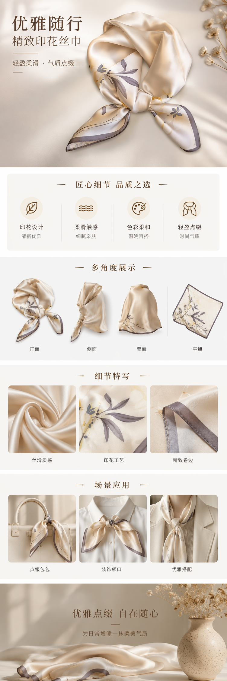 米色丝质印花方巾真丝女士春夏围巾轻薄透气 pic 1