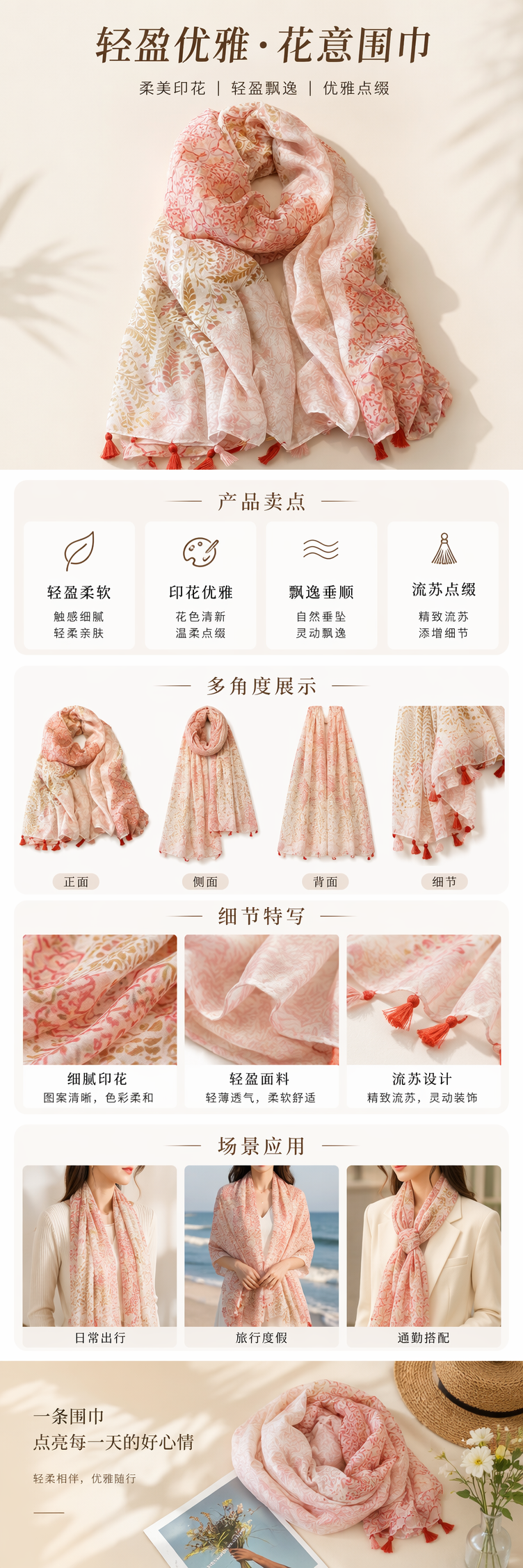 粉色印花围巾女士秋冬保暖纯棉针织长条款 pic 1