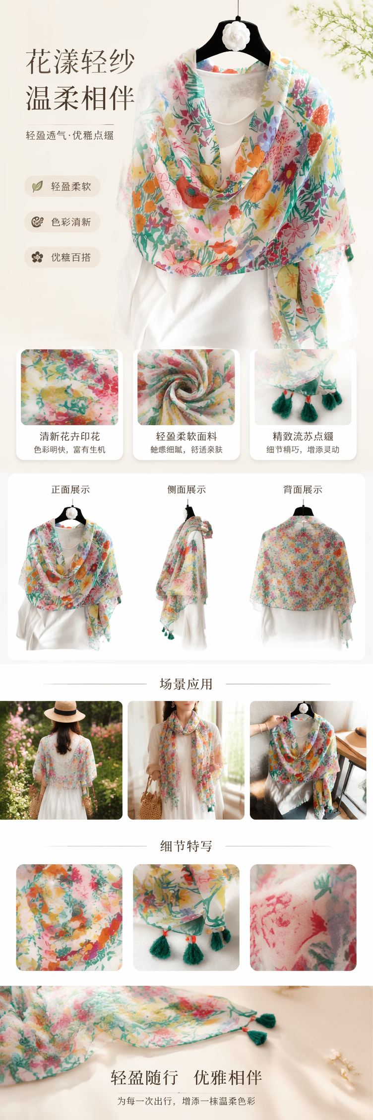 彩色花卉图案围巾秋冬保暖纯棉女士时尚百搭 pic 1