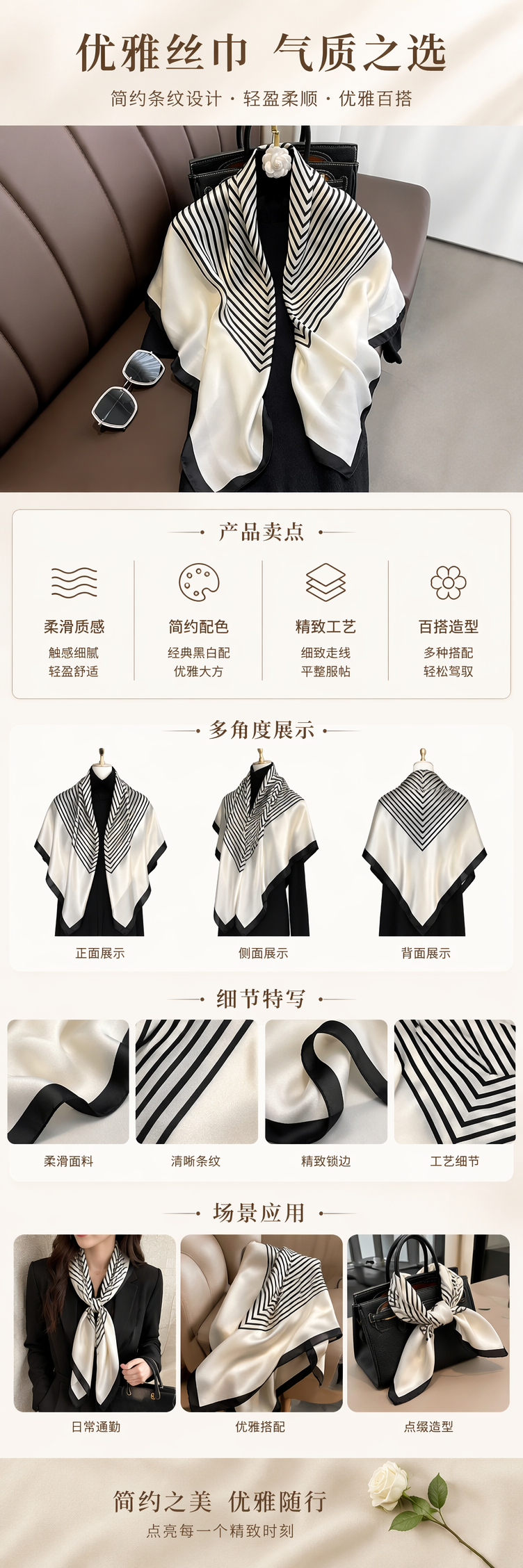 黑白条纹真丝小方巾女士时尚百搭丝巾 pic 1