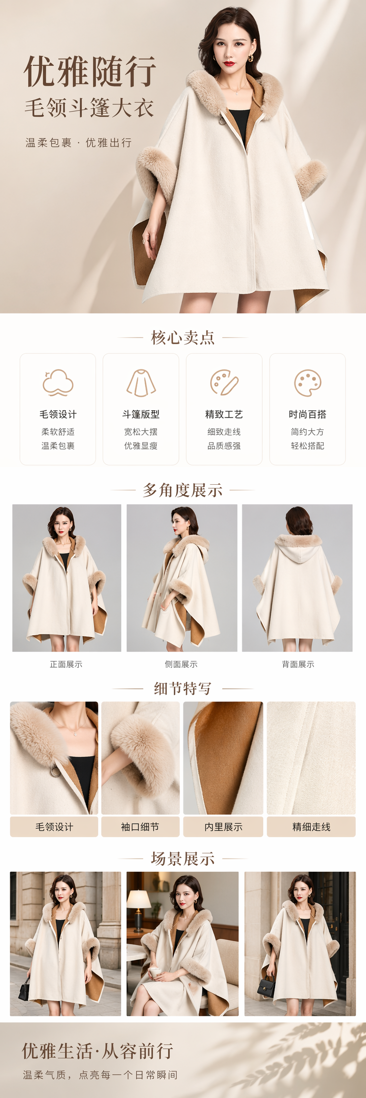 米白色毛领斗篷大衣女秋冬保暖外套 pic 1