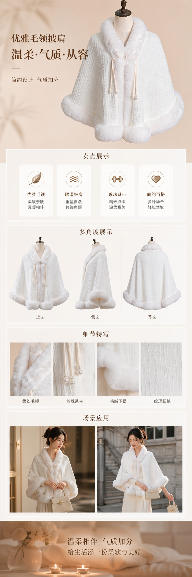 白色毛绒披肩秋冬保暖时尚百搭女士围巾 pic 1