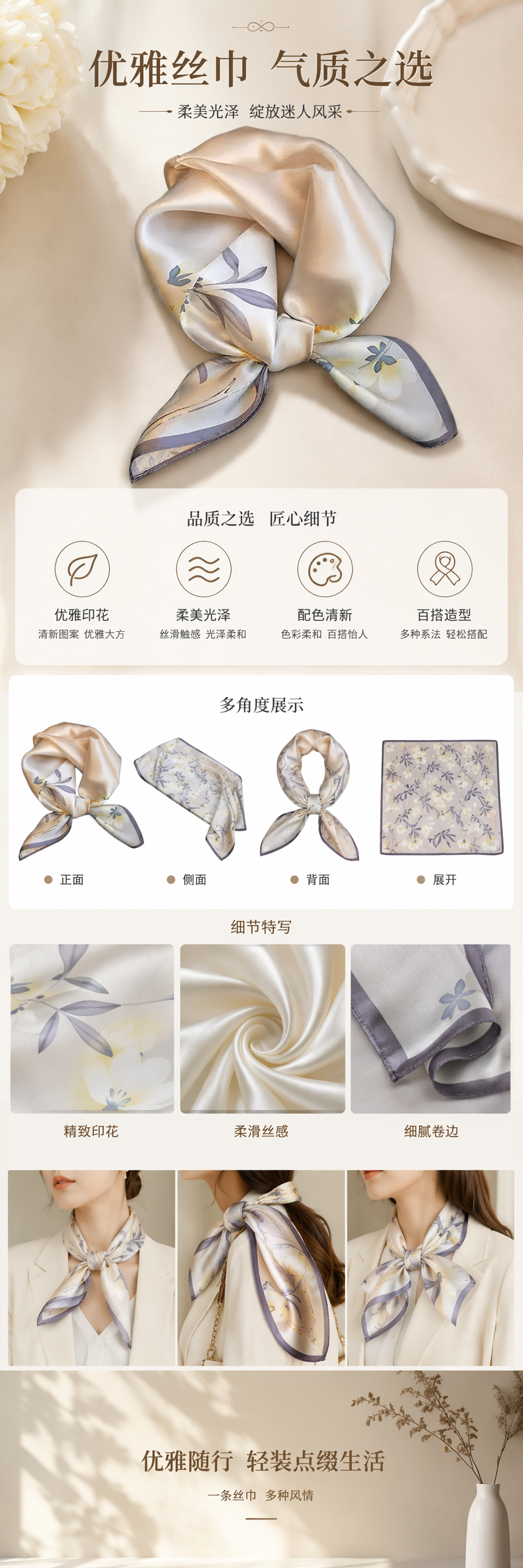 米色花卉印花真丝丝巾女士春夏薄款围巾 pic 1