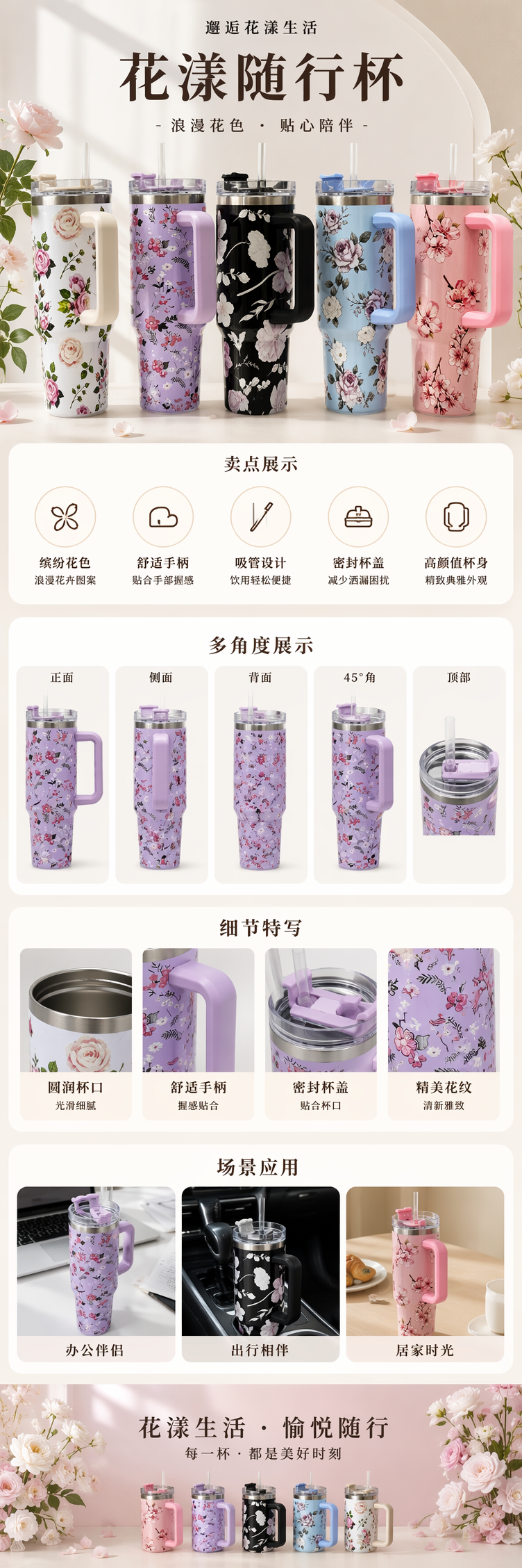 花卉图案不锈钢保温杯 350ml 保冷保热简约时尚 pic 1