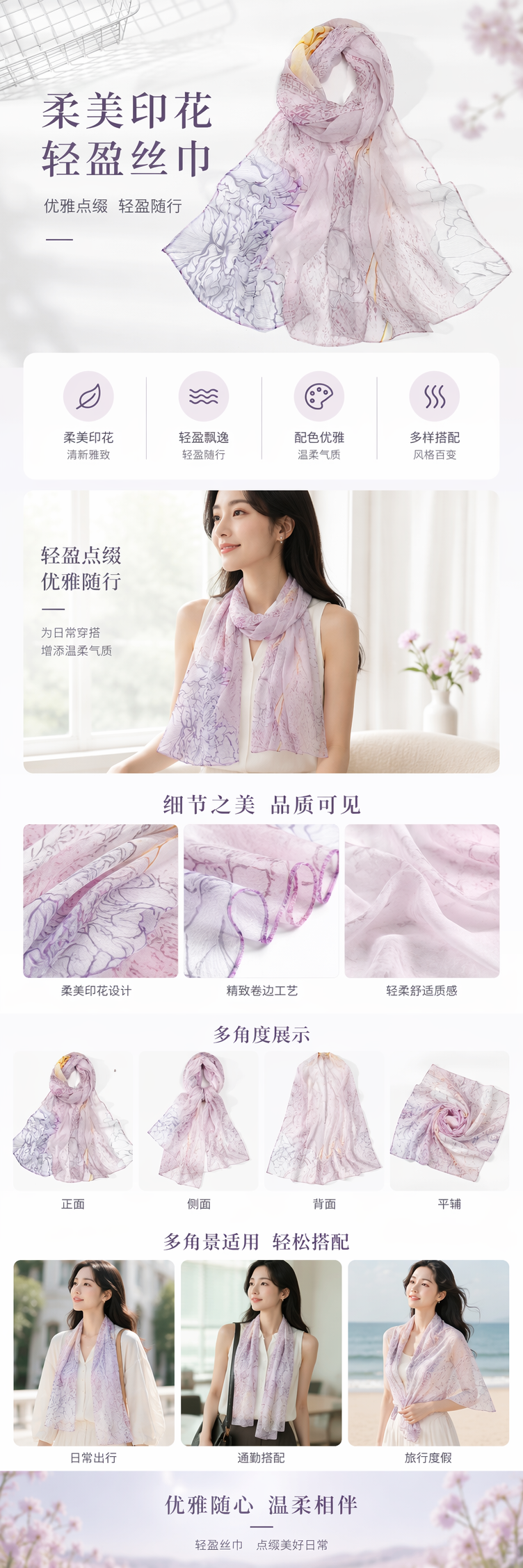 淡紫色渐变印花真丝丝巾女士春夏围巾轻盈透气 pic 1