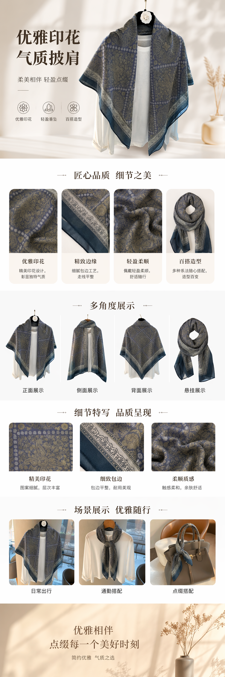 紫色花纹纯棉围巾秋冬保暖时尚百搭女士 pic 1