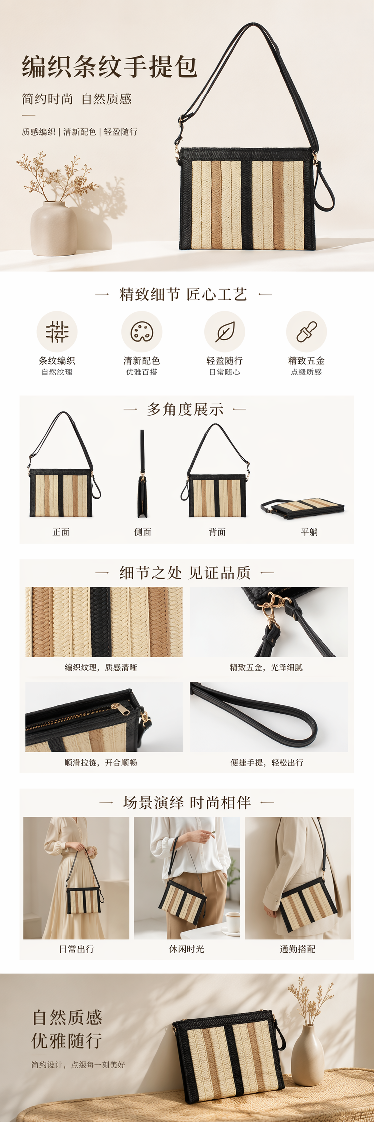 一件代发简约百搭纸绳编织包斜挎拉链条纹都市简约手工纸绳编织包 pic 1