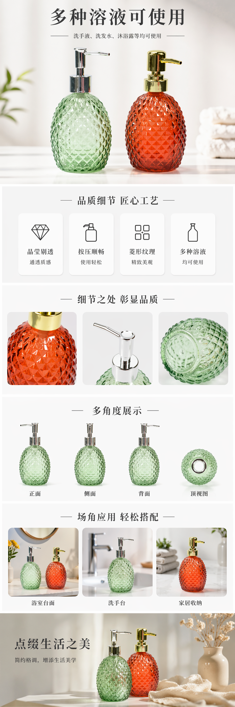 绿色橙色菱格纹玻璃按压瓶 家居香薰分装瓶 手动挤压式容器 pic 1
