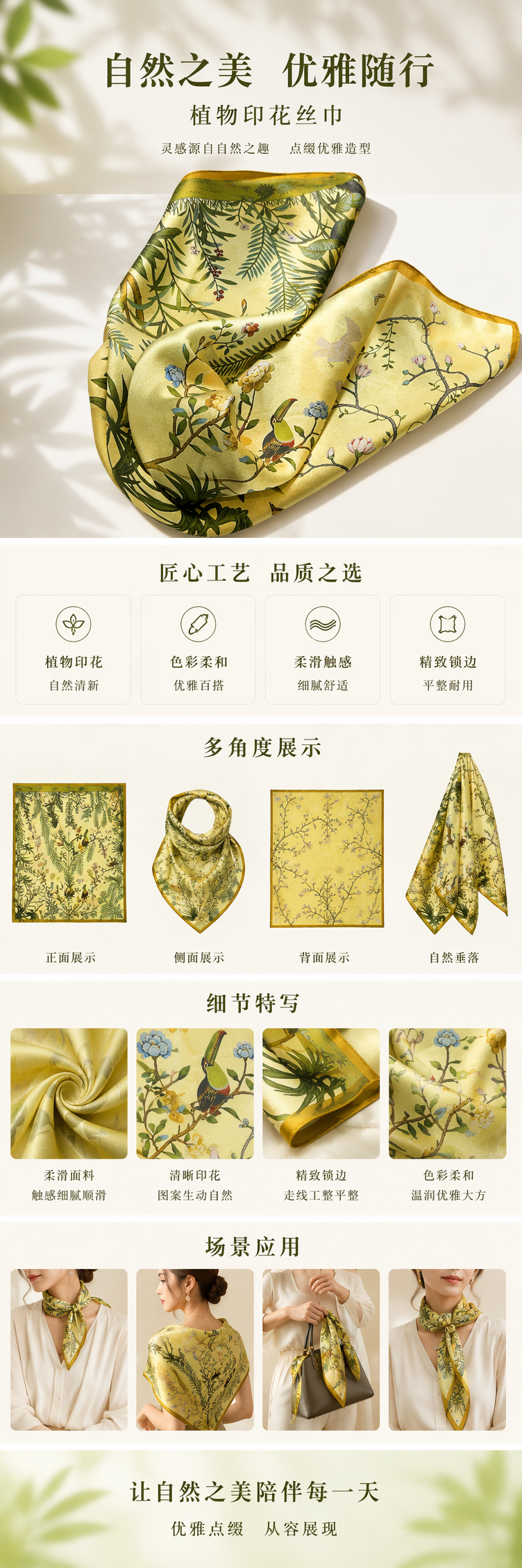 黄色丝质印花方巾真丝小方巾春夏薄款配饰 pic 1
