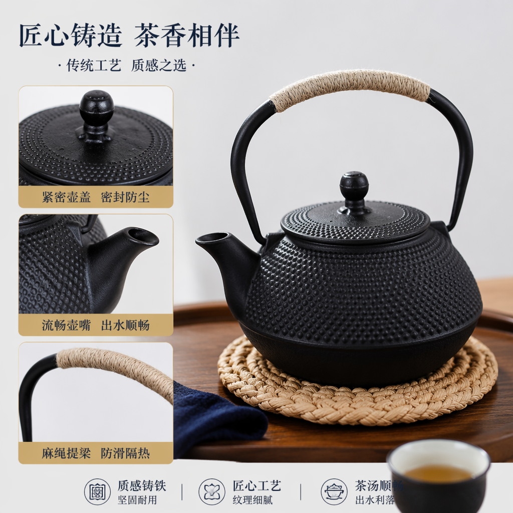 黑色锤纹茶壶 家用耐热玻璃茶具 手工锻造复古风