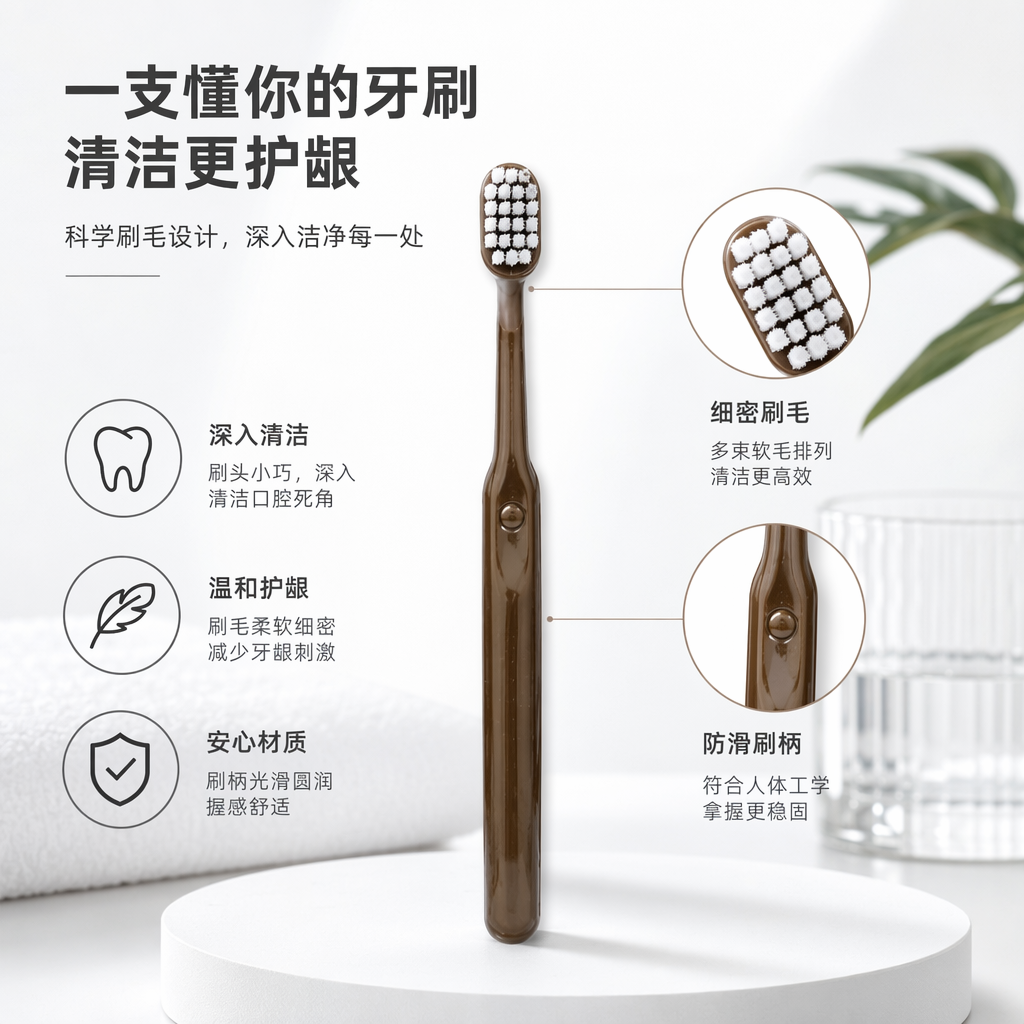棕色软毛牙刷成人家用口腔清洁护龈舒适刷牙工具