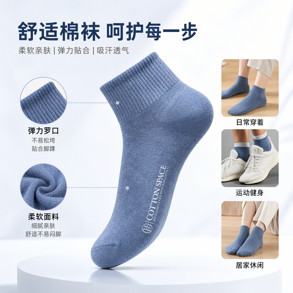 牛仔蓝短筒男袜纯棉吸汗透气男士日常休闲袜