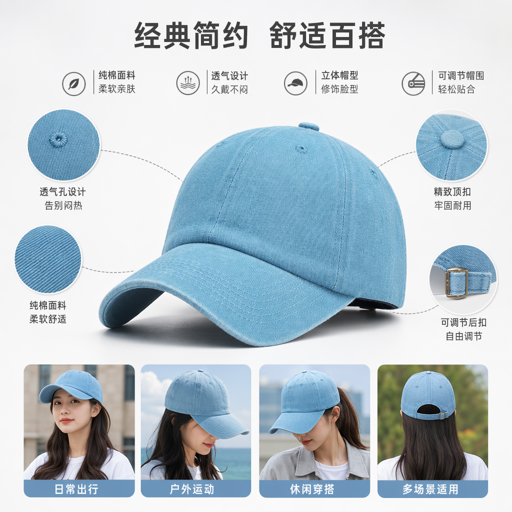 浅蓝色纯棉棒球帽 男女同款可调节休闲遮阳帽