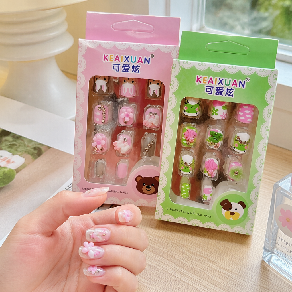 炫品牌粉色绿色包装卡通动物假指甲12片装可爱装饰 - 2