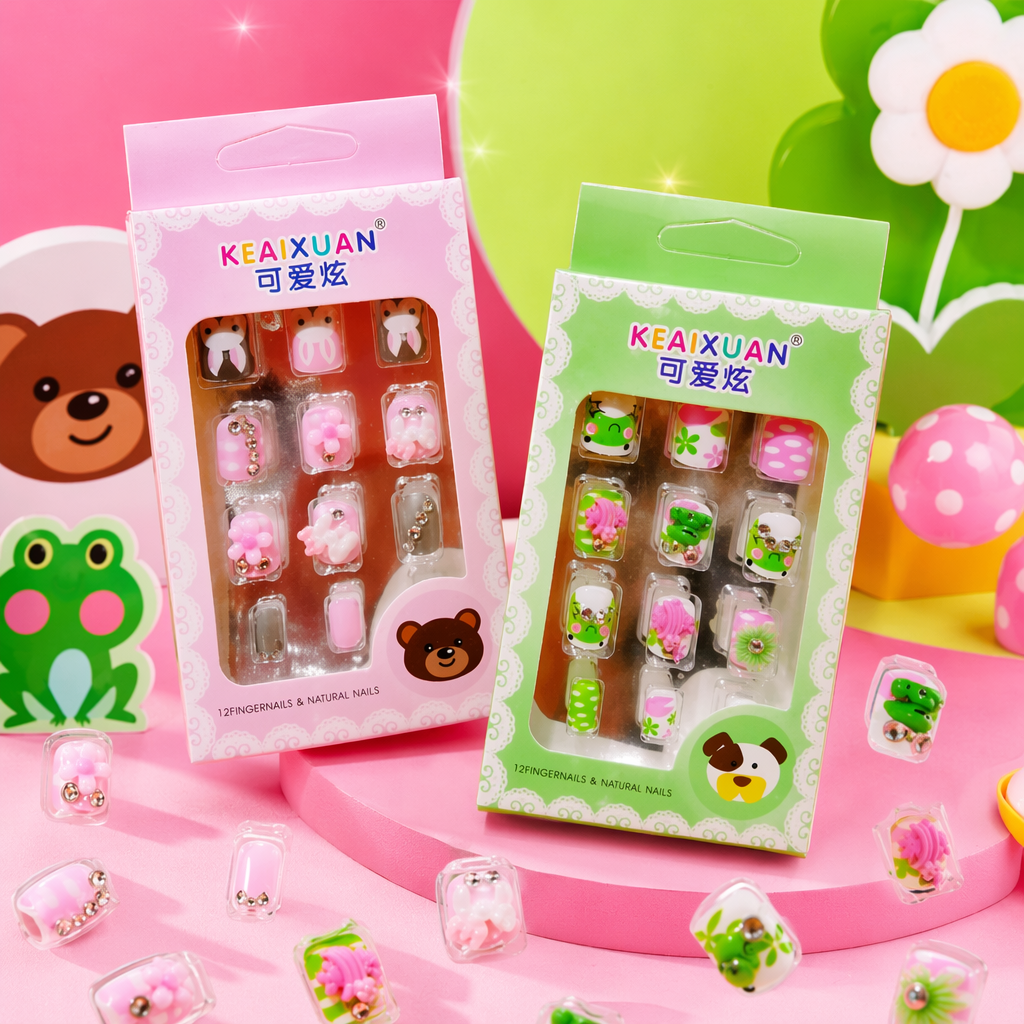 炫品牌粉色绿色包装卡通动物假指甲12片装可爱装饰 - 3