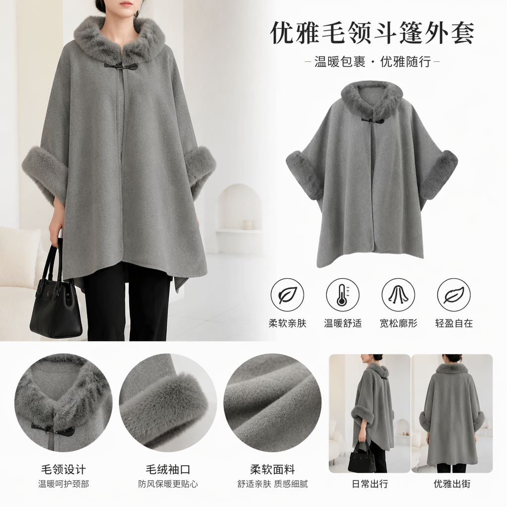 A grey woolen cape with fox fur leader collar decoration, a warm ladies' coat for autumn and winter A grey woolen cape with fox fur leader collar decoration, a warm ladies' coat for autumn and winter