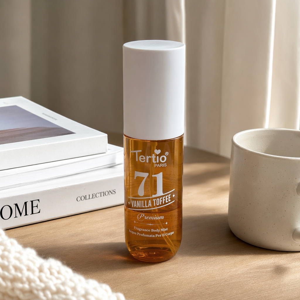 Tertio 71 orange bottle scented body spray leaves a fresh and pleasant fragrance before opening the notebook details Picture