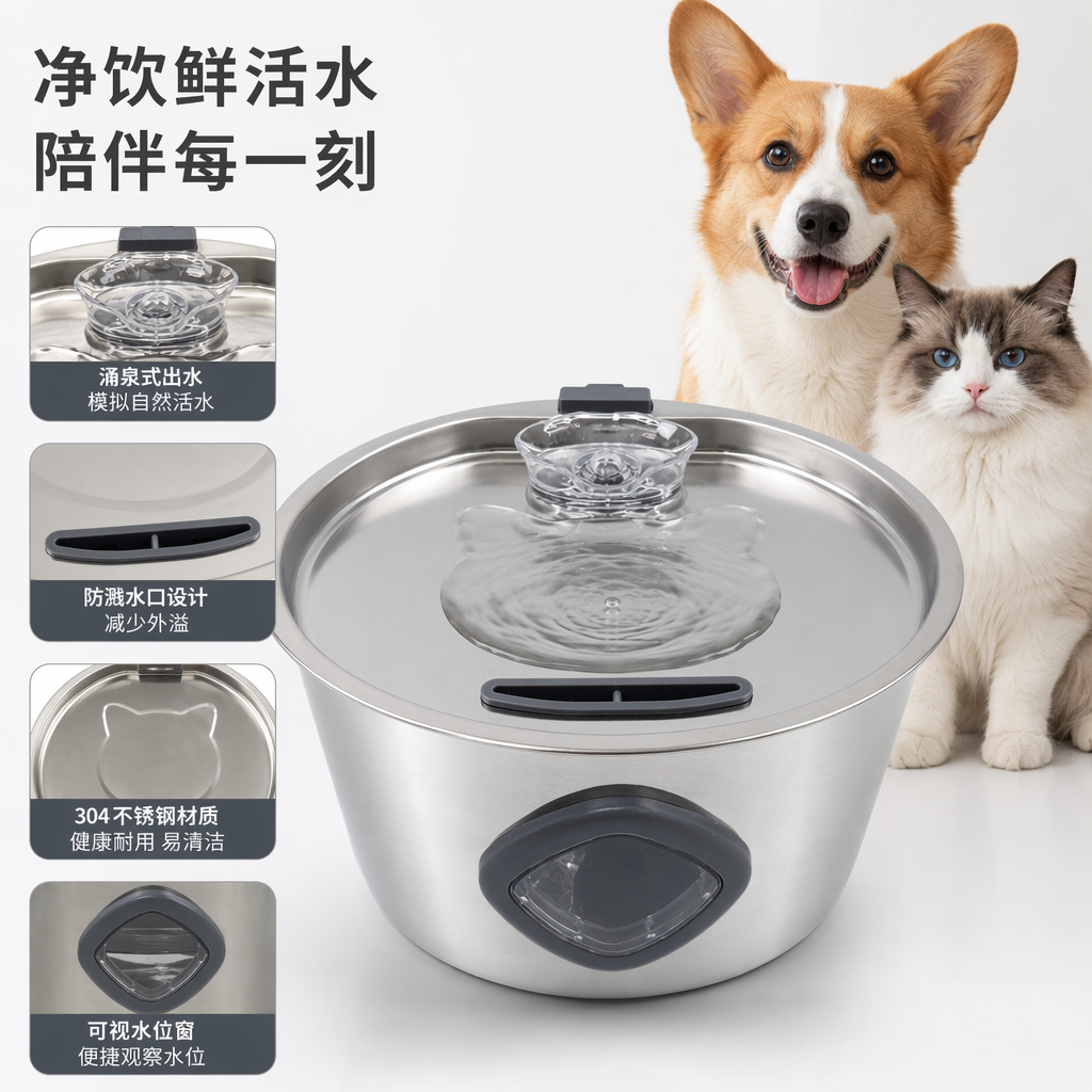 银色不锈钢宠物智能饮水机静音循环过滤猫狗通用