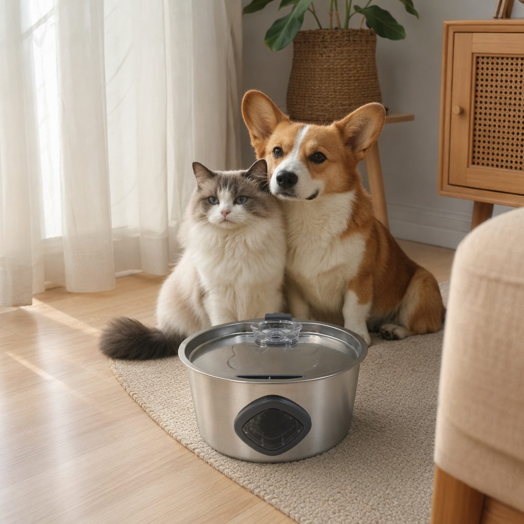 Diamond-shaped window faucet, silver stainless steel, pet smart water dispenser, silent circulation filtration, suitable for both cats and dogs details Picture