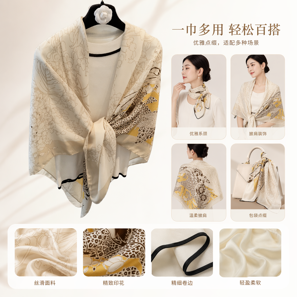 A beige floral pattern scarf paired with a white high-neck sweater as a warm autumn and winter accessory