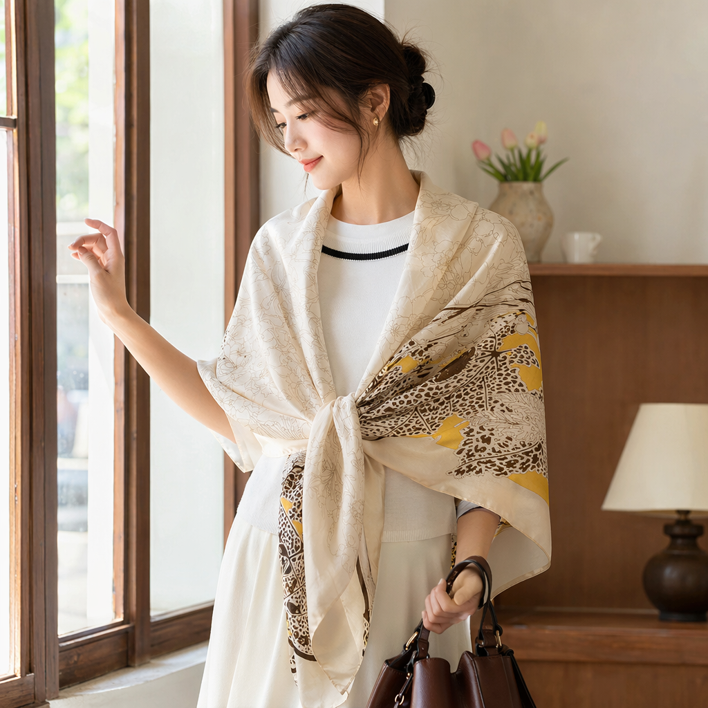 A beige floral pattern scarf paired with a white high-neck sweater as a warm autumn and winter accessory details Picture