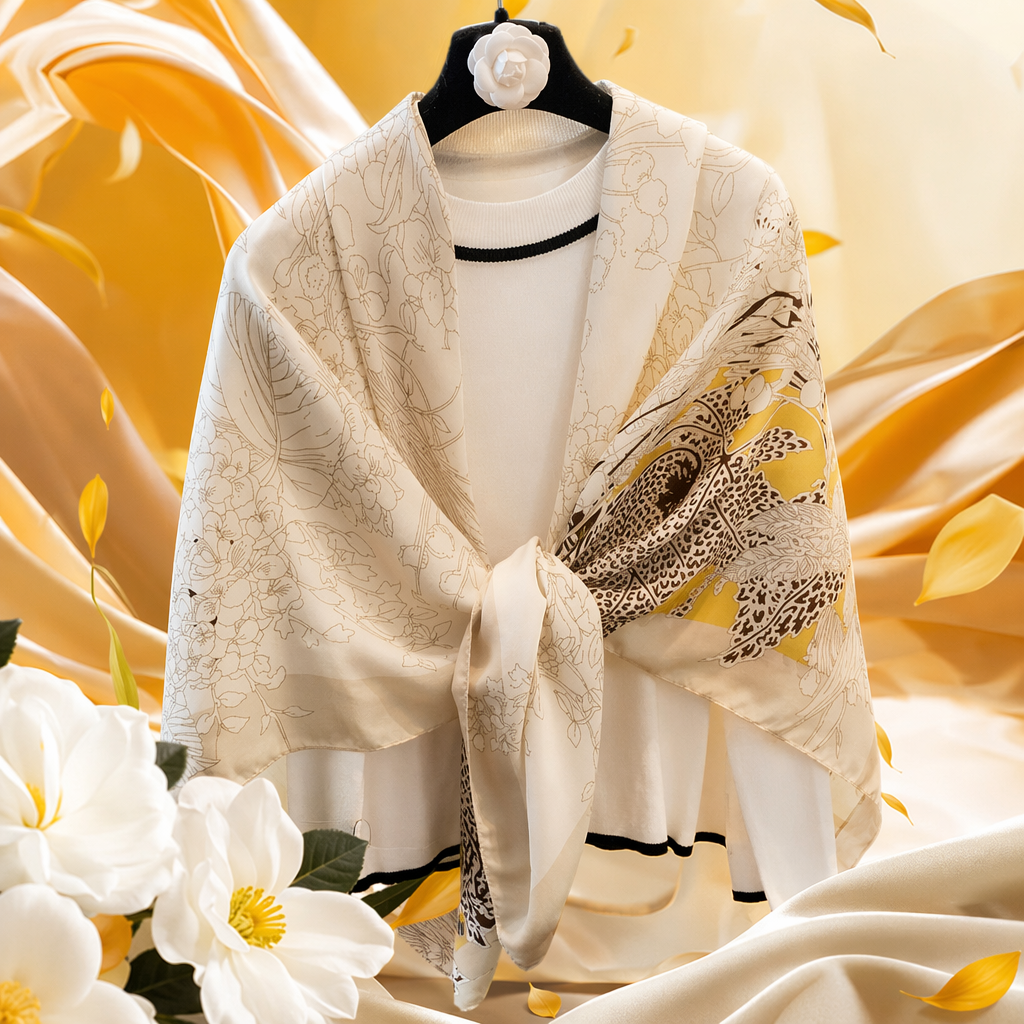 A beige floral pattern scarf paired with a white high-neck sweater as a warm autumn and winter accessory Specification image