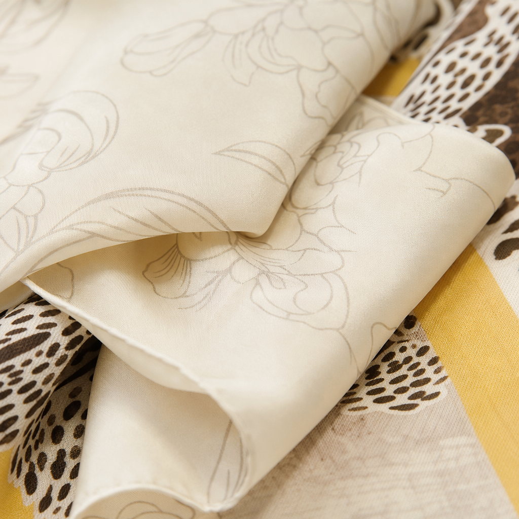A beige floral pattern scarf paired with a white high-neck sweater as a warm autumn and winter accessory Application Scenario