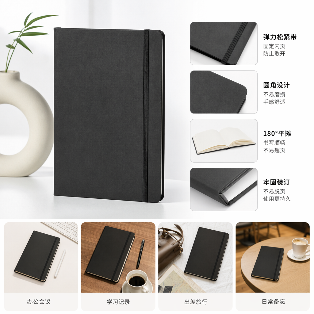 黑色简约商务笔记本A5加厚内页便携记事本