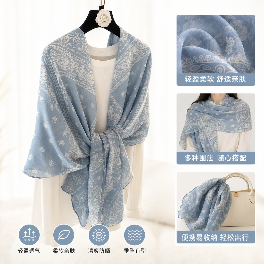 Light blue printed pure cotton scarf, a unisex autumn and winter warm accessory
