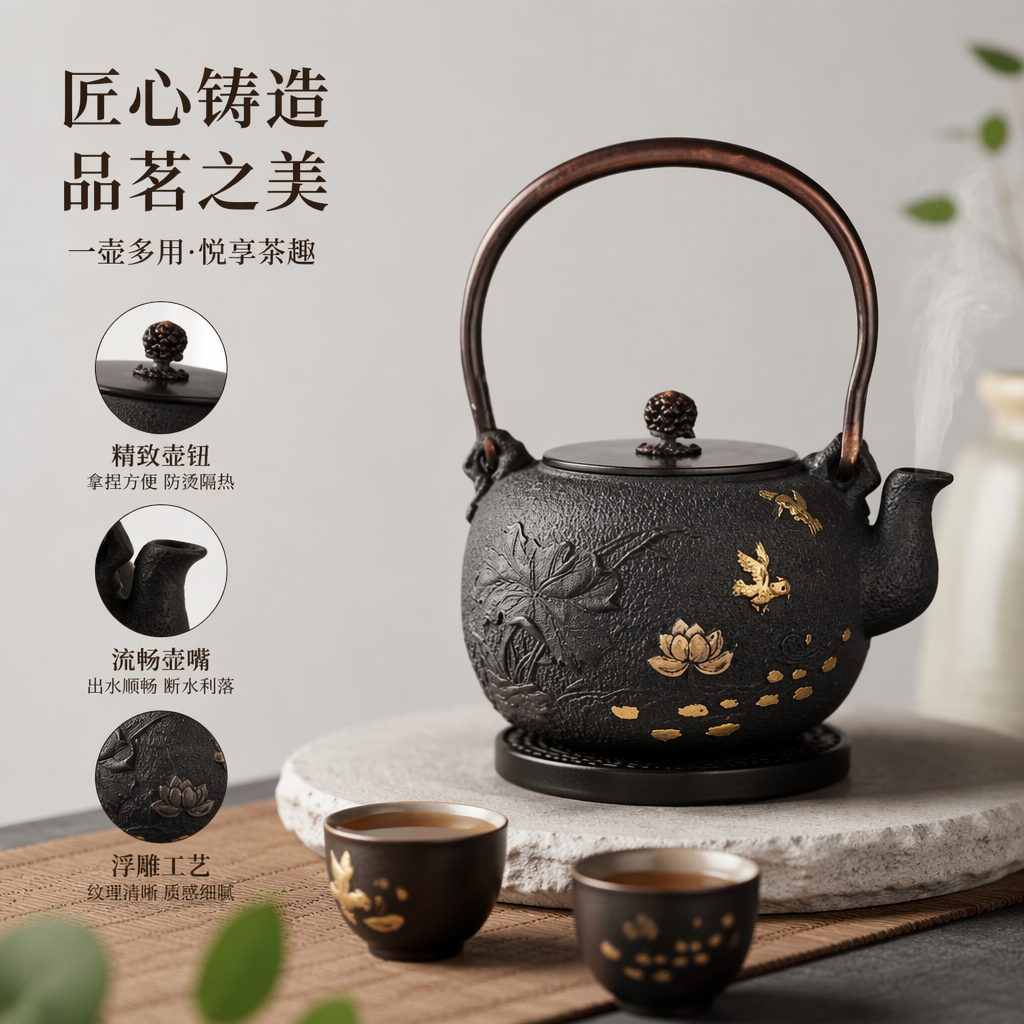 黑色铸铁茶壶带金色莲花飞鸟纹饰铜质提梁