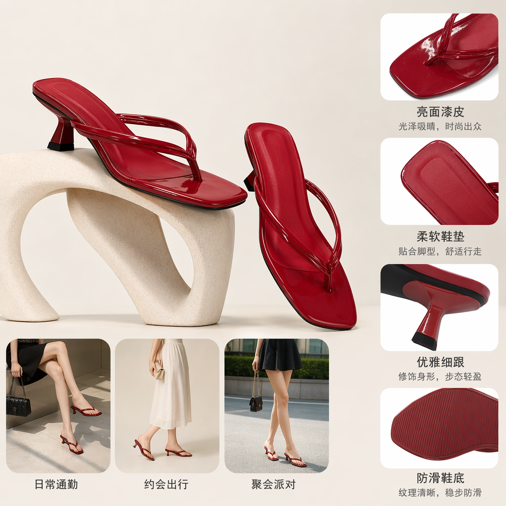 Red and beige glossy high-heeled flip-flops are fashionable and versatile summer sandals for women