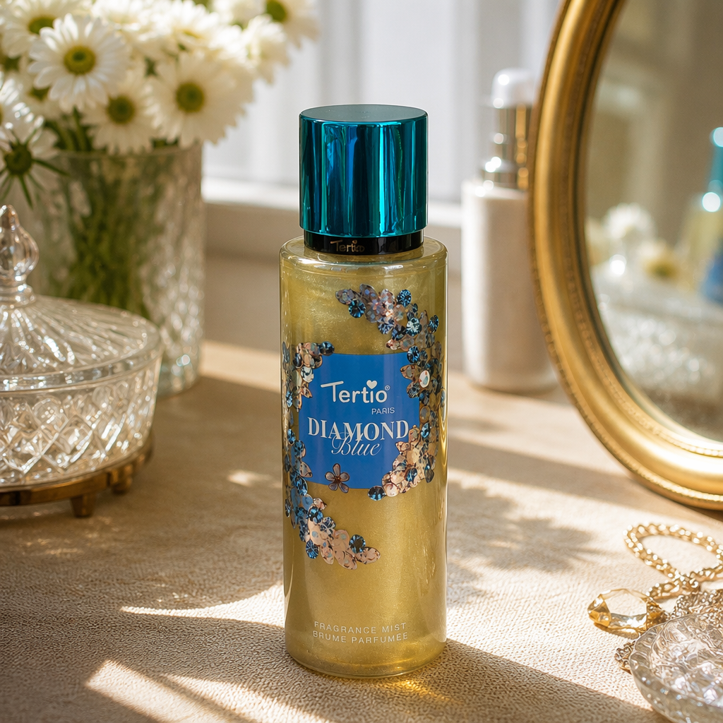 Tertio Diamond Blue perfume spray, blue packaging, transparent bottle, golden glitter diamond decoration, green metal cap, blue display box details Picture