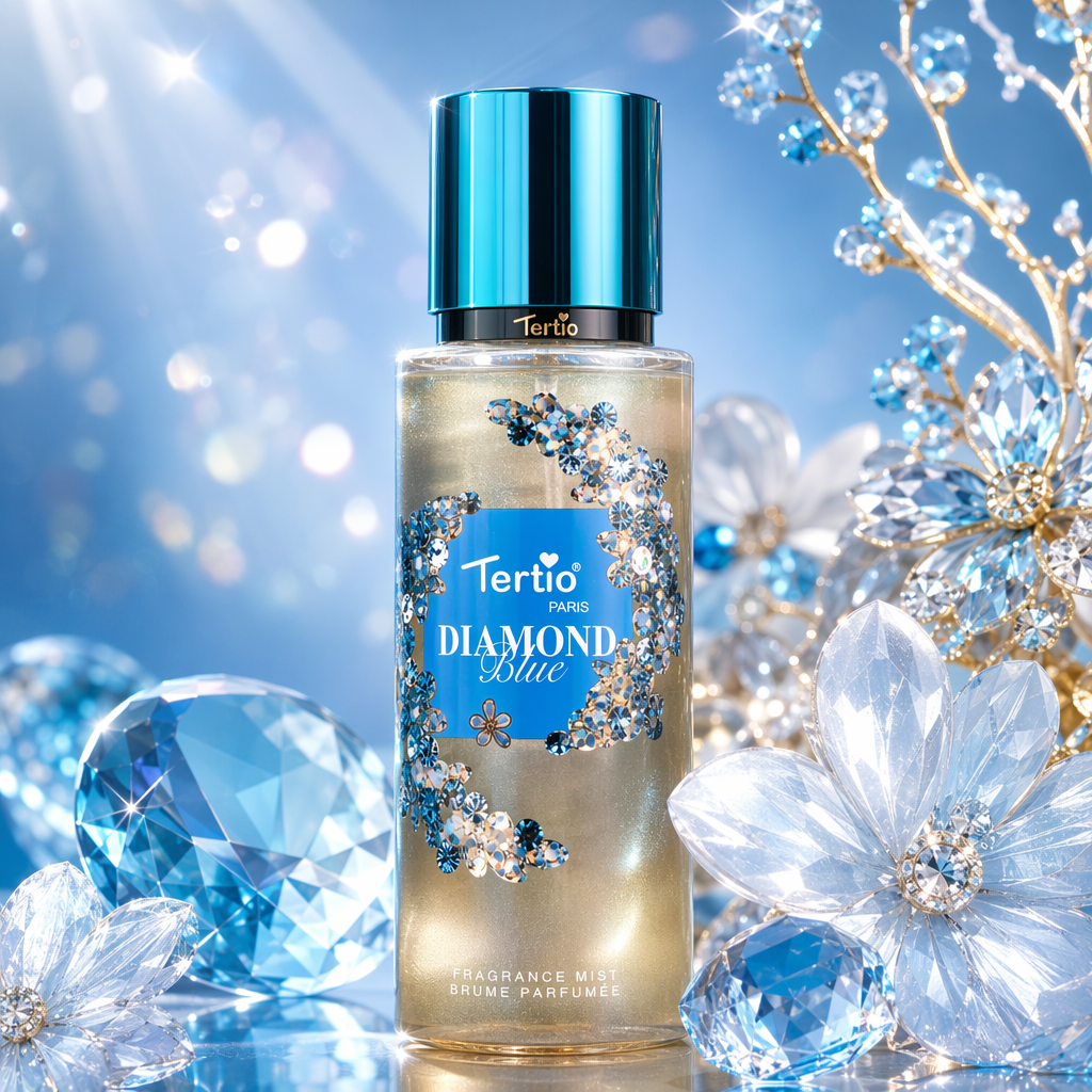 Tertio Diamond Blue perfume spray, blue packaging, transparent bottle, golden glitter diamond decoration, green metal cap, blue display box Specification image