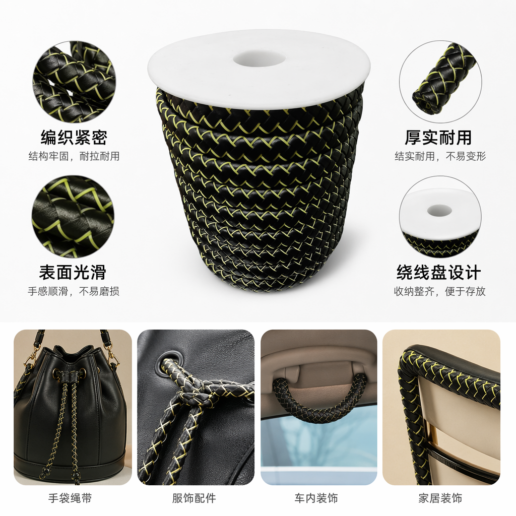黑色编织绳卷带黄色缝线纹理结实耐用手工编织