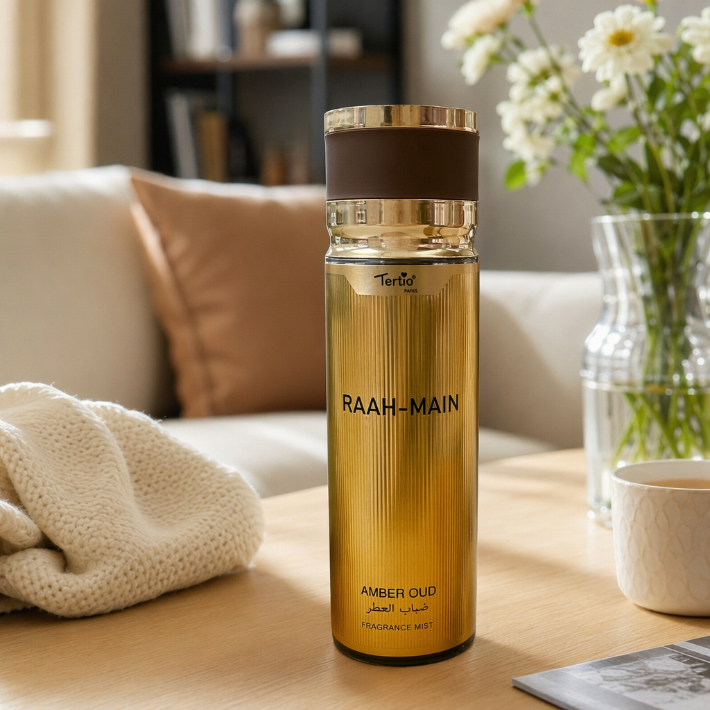 RAAH MAIN AMBER OUD Golden vertical stripe perfume spray bottle Brown gold cap details Picture