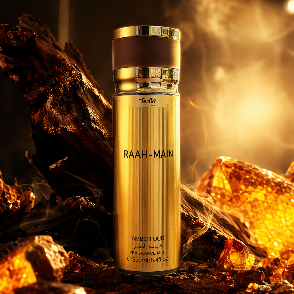 RAAH MAIN AMBER OUD Golden vertical stripe perfume spray bottle Brown gold cap Specification image