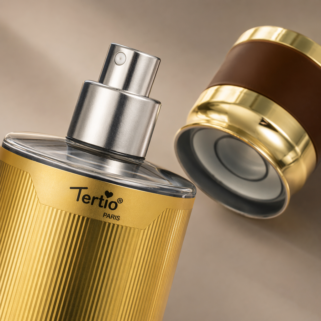 RAAH MAIN AMBER OUD Golden vertical stripe perfume spray bottle Brown gold cap Application Scenario