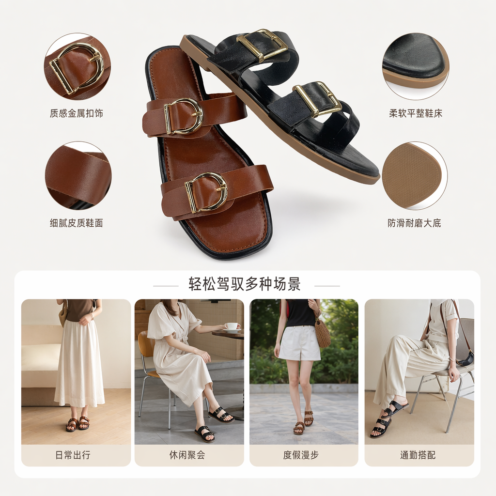 棕色与黑色双带扣凉鞋 女士夏季透气休闲平底 sandals