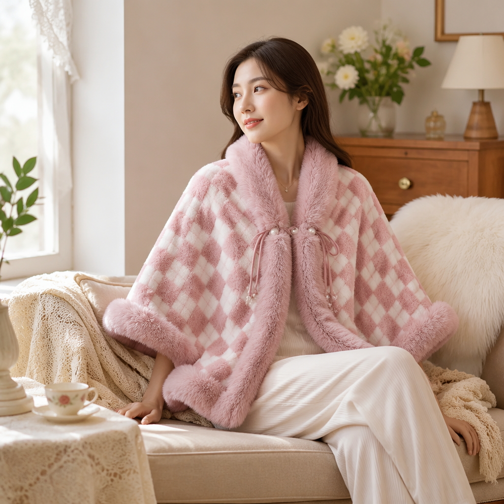 Pink checkered plush cape women's warm autumn and winter shawl coat is fashionable and casual details Picture